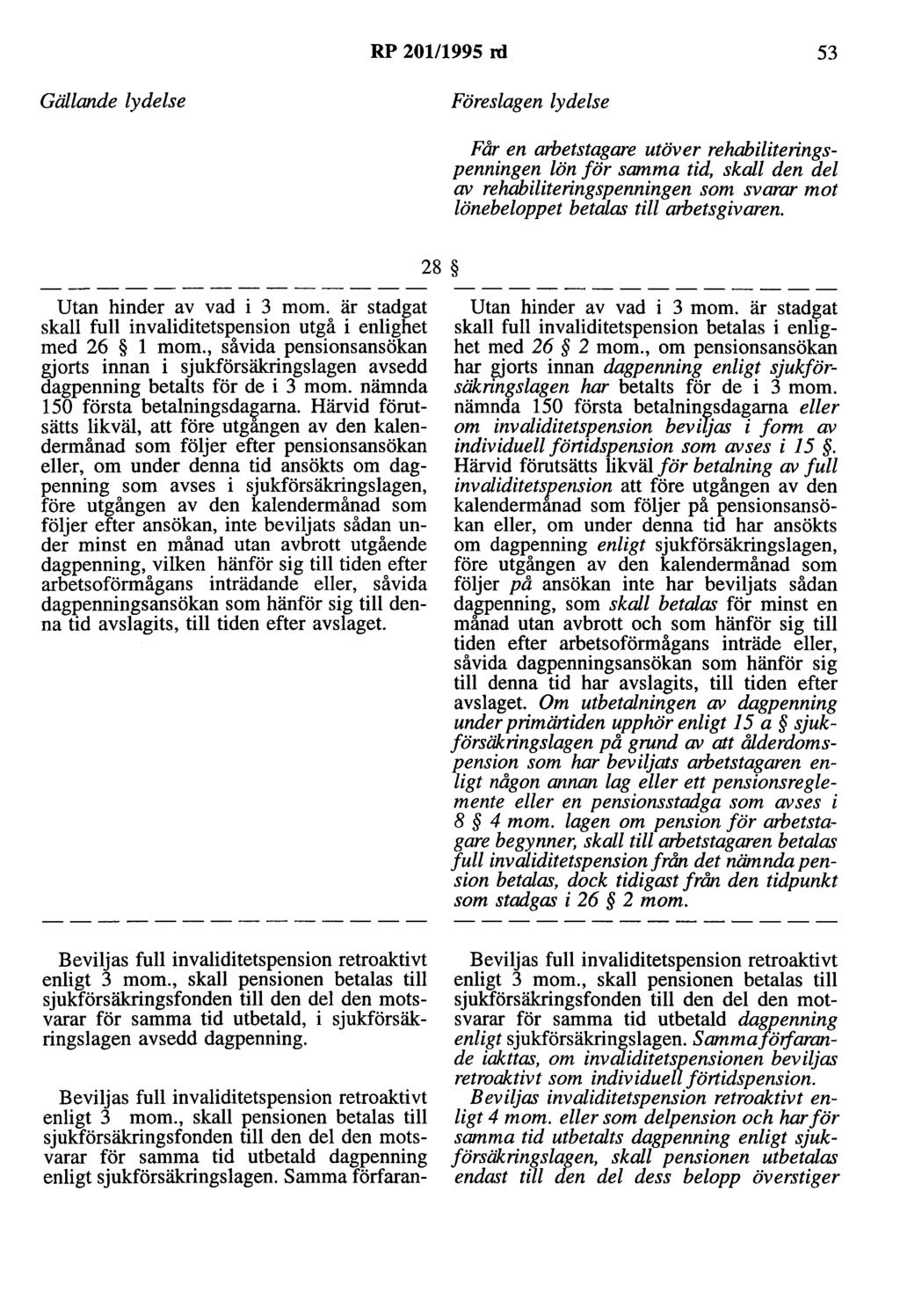 RP 201/1995 rd 53 Får en arbetstagare utöver rehabiliteringspenningen lön för samma tid, skall den del av rehabiliteringspenningen som svarar mot lönebeloppet betalas till arbetsgivaren.