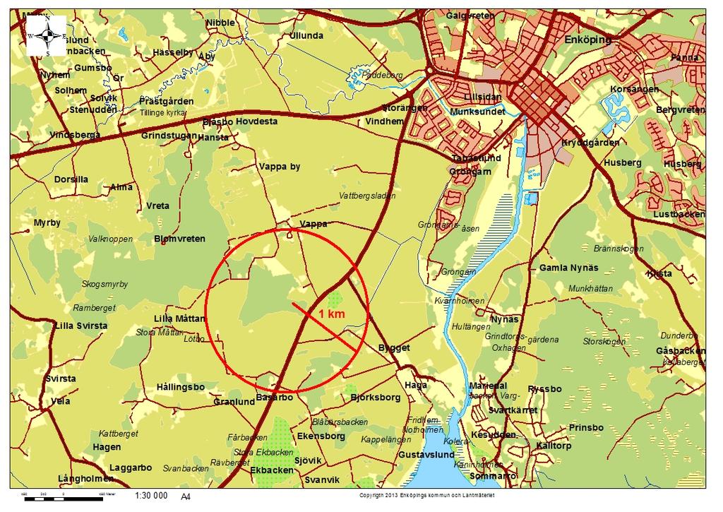 11 (13) Figur 3: Cirkeln markerar 1 kilometer från reningsverket.