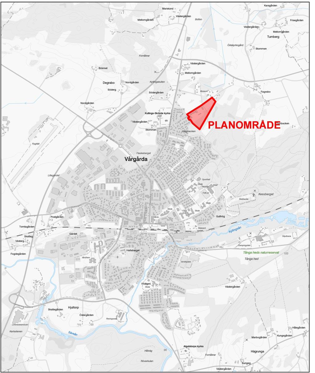 Planområdets läge i Vårgårda tätort Inledning Planens syfte och huvuddrag Planens syfte och huvuddrag är att: Möjliggöra utbyggnad av nya bostäder i Vårgårda tätort i anslutning till befintlig