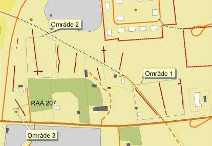 Fig. 3. Utdrag ur fastighetskartan med utredningsschakt och de fornlämningsområden som fastställdes vid utredningen. Område 3 är inte aktuellt för exploatering och förundersöktes därför inte.