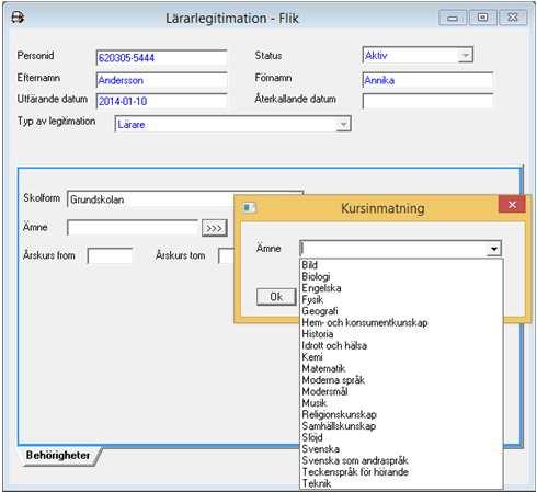 Frågor kring inmatning av lärarlegitimation Sameskolan och Specialskolan kan inte mata in alla ämnen direkt Lägg in ämnet