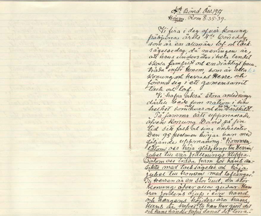 Manuskript till predikan hållen i Östervåla kyrka 4de böndagen 1917 med texten Rom. 8:35-39.