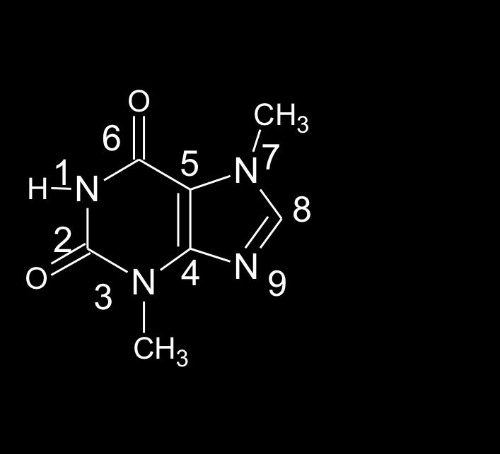 är man anger det rationella namnet för koffein enligt IUPAC (Internationella namngivningsregler) numrerar man atomerna i föreningen enligt figuren nedan.