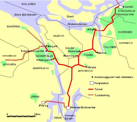 1. BESKRIVNING AV VERKSAMHETEN Upptagningsområde och tunnelsystem Himmerfjärdsverket tar emot och renar avloppsvatten från hela eller delar av sex kommuner i sydvästra Storstockholm.