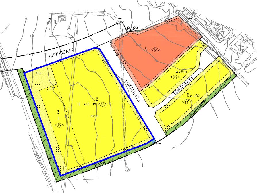 2014-02-10 4(6) A Utdrag ur detaljplan för del av Dalby 63:105 m fl (Påskagänget III). Blå markering visar område för markanvisningstävling.
