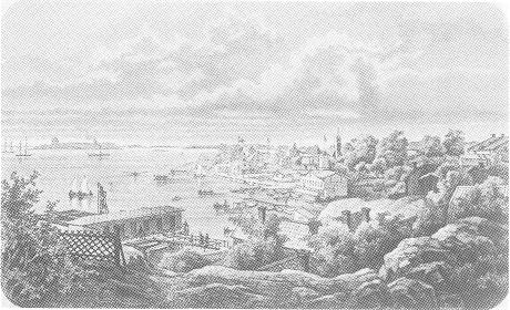 Vy över Fiskarhamnen i Dalarö år 1871. Notera dåvarande lotsuppassningshuset med flaggstång och örlogsflagga beläget vid lotsbryggan.