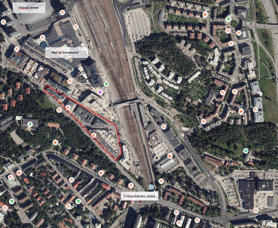 Frekvens (per år) Figur 5.1. Planområdet i förhållande till omgivningen. 5.3 Tidigare utförda riskanalyser För Arenastaden har riskerna från Ostkustbanan analyserats och samhällsrisken beräknats.