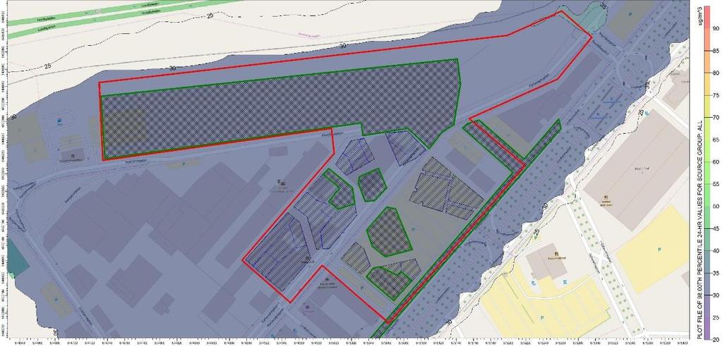 Figur 9. Framtida scenario 2035, beräknade halter av kvävedioxid som dygnsmedelvärden, utan Lundbyleden och Hamnbanan.