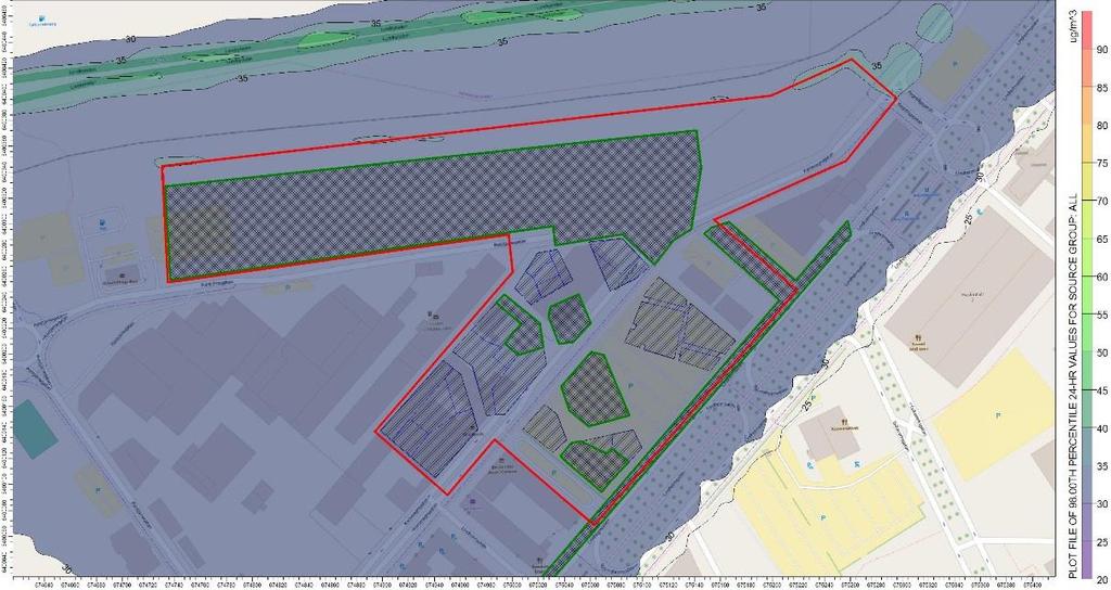 De högst beräknade halterna innanför planområdets norra och södra delar ligger båda på omkring 30 µg/m 3.