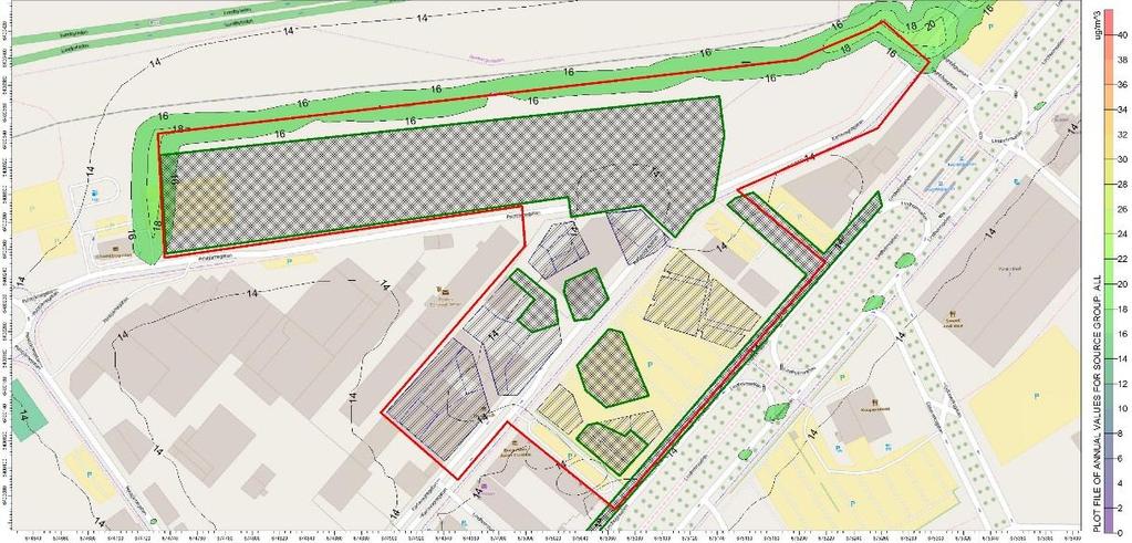 De högst beräknade halterna innanför planområdets norra och södra delar ligger på omkring 18 µg/m 3 respektive 15 µg/m 3.