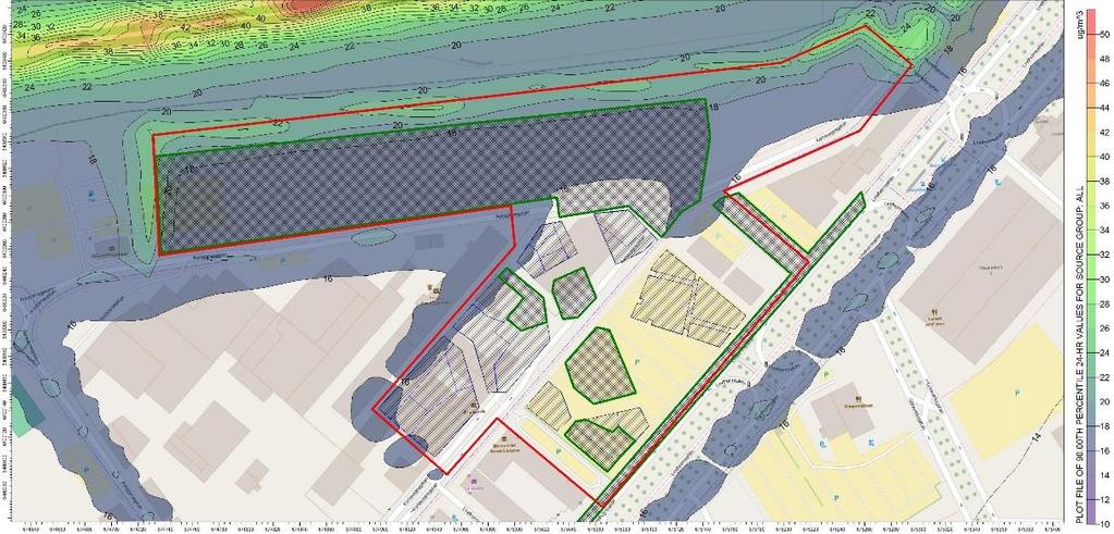 De högst beräknade halterna innanför planområdets norra och södra delar ligger båda på omkring 18 µg/m 3.