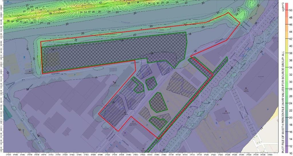 Figur 22. Framtida scenario 2035, beräknade halter av partiklar (PM 10) som dygnsmedelvärden, med Lundbyleden.