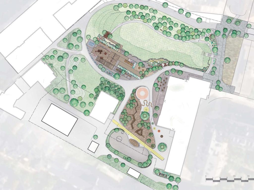 Förslag till förnyelse - illustrationsplan Trädbevuxen backe Studentbostäder SSSB Pulkabacke Sittplatser Gångväg med ny belysning Entréplats Vattenlek med dusch