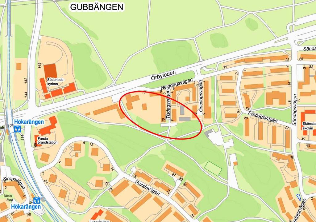 Sida 2 (7) Ungefärligt planområde (röd oval) intill befintlig bebyggelse och tunnelbanan i väst.