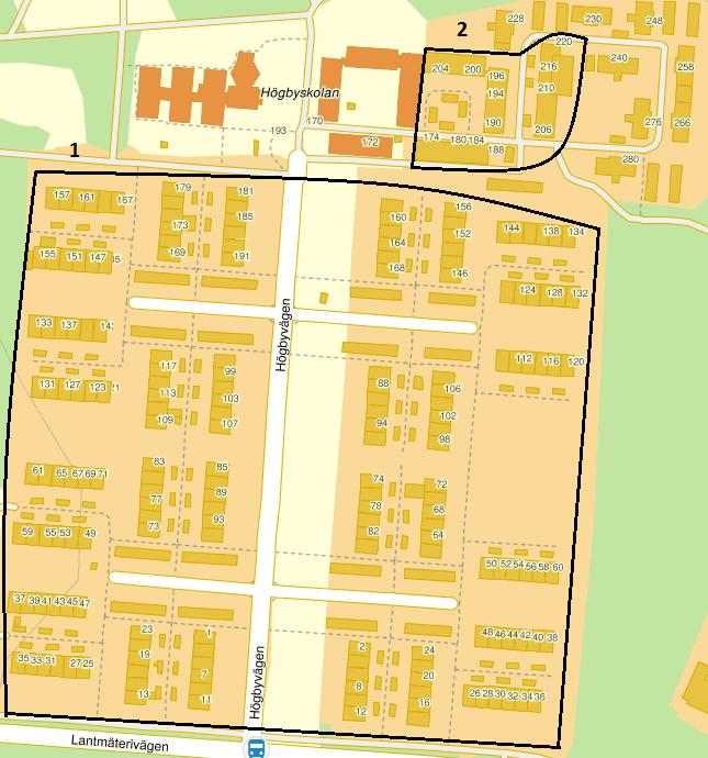 5.4. Högbyvägen I rapporten delas radhusområdet Högbyvägen upp i två områden, 1 och 2. Detta på grund av att bostadstyperna skiljer sig åt.