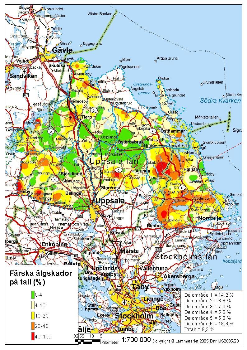 Bild 2 Inventeringsområden samt skadefrekvens 2011 i Uppsala län samt del av Stockholms län. 4 skadenivåer varav ett intervall (0-4 % färska skador) kopplar till sektorsmål.