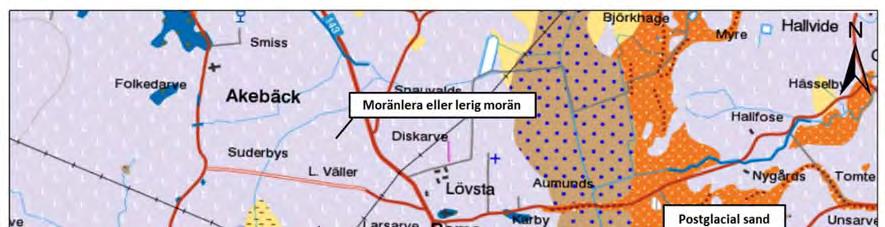 Figur 4: Redovisning av förekommande jordarter i anslutning till Roma grundvattentäkter. Uttagbrunnarna är markerade med triangel-symbol. SGU 3.