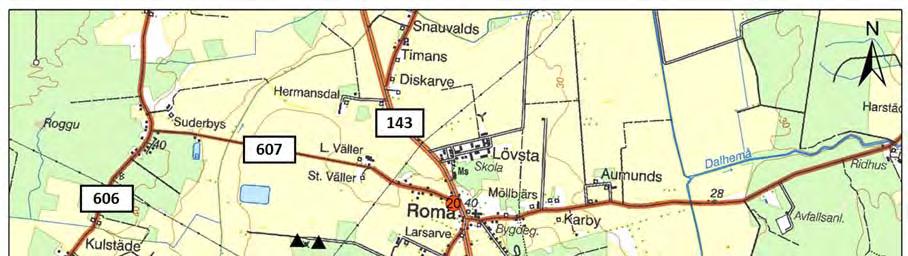 Figur 7: Riskkällor inom och i anslutning till föreslaget vattenskyddsområde för vattentäkterna i Roma.