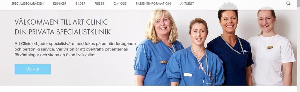 På Art Clinics startsida konkretiserar bilderna snarare personalen och miljön än de specifika behandlingarna och ingrepp kliniken erbjuder.