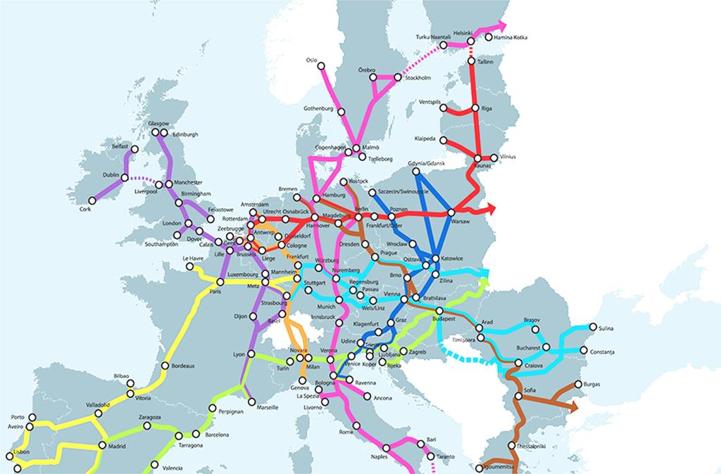 Figur 8. Illustration över järnvägskorridorerna i Europa. Den rosa korridoren kallas Scandinavian-Mediterranean korridoren och sträcker sig från södra Italien till Sverige och Finland i norr.