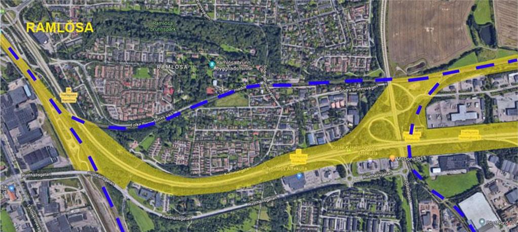 Figur 25. Den befintliga järnvägen är en barriär genom Ramlösa som skulle försvinna vid en ny dragning av järnvägen. Källa: Google Maps. 5.