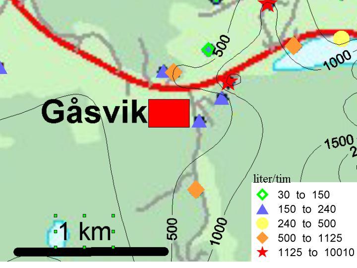 Figur 12b Detalj ur figur 12a. Kapacitetsdata (l/tim) i bergborrade brunnar i direkt anslutning till planområdet.