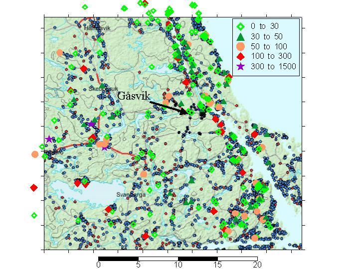 Figur 17 Fördelningen av kloridhalter(mg/l) i regionen. Totalt ca 320 brunnar ur kemioch tillsynsarkiven.
