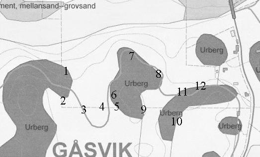 Den översiktliga berggrunds- och jordartskarteringen presenteras i tabell 1 med tillhörande karta i figur 4 Tabell 1 Fältobservationer.