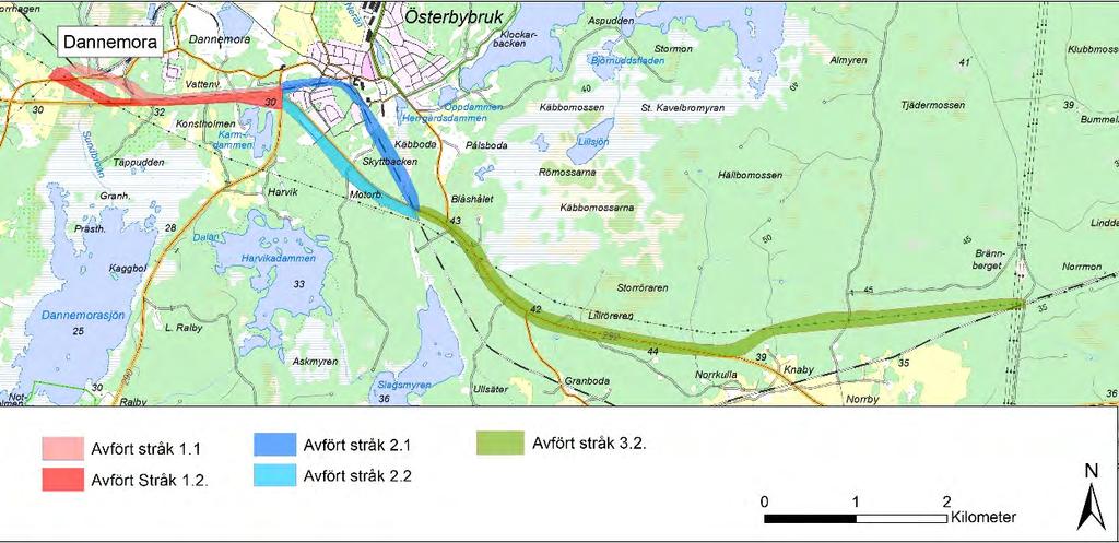 3.2.2 Avförda alternativ I det första samrådsunderlaget (juni 2015) presenterades flera stråk. Efter samrådet från juni till och med september 2015 avfördes stråk 1.1 och 1.2 p.g.a. att de inte är förenliga med gällande planer samt tekniska svårigheter att bygga ledningen.