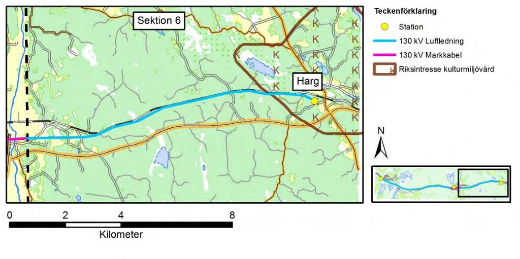 Sektion 6 Förutsättningar I sektion 6 och närmast kopplingsstationen Harg går ledningen ca 1,7 kilometer genom riksintresseområdet för kulturmiljövård.