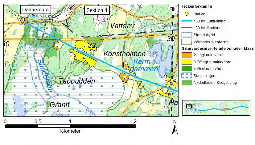 Figur 33. Naturmiljö i sektion 1. Miljökonsekvenser Våtmarksområde mellan stationen i Dannemora och länsvägen berörs av den nya ledningsbyggnationen inom vilket 2-3 nya stolppar kan behöva placeras.