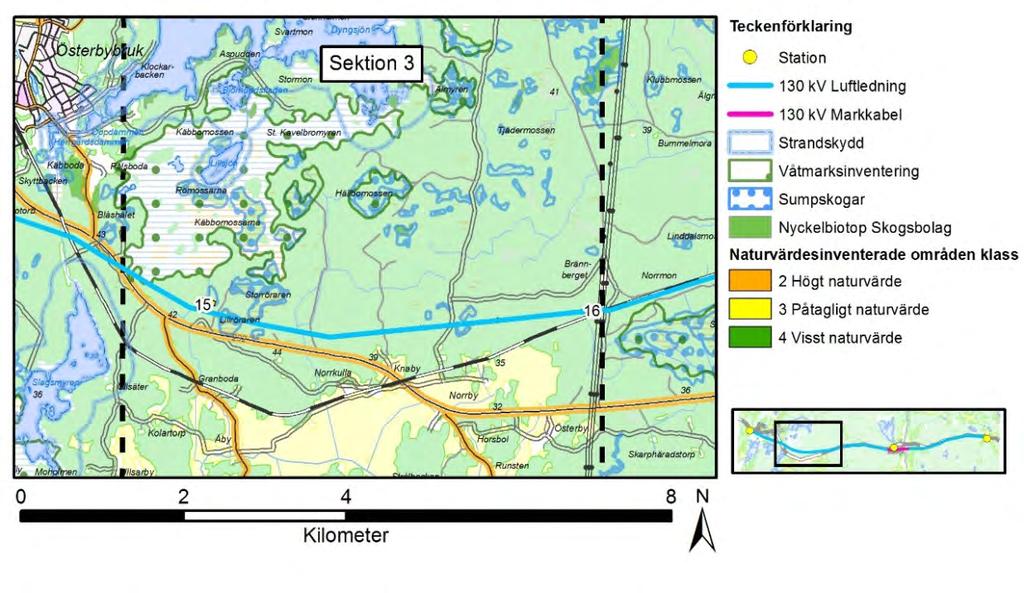 Figur 35. Naturmiljö sektion 3. Miljökonsekvenser I mitten av sektion 3 delar befintliga kraftledningar upp sig i två separata ledningsgator.