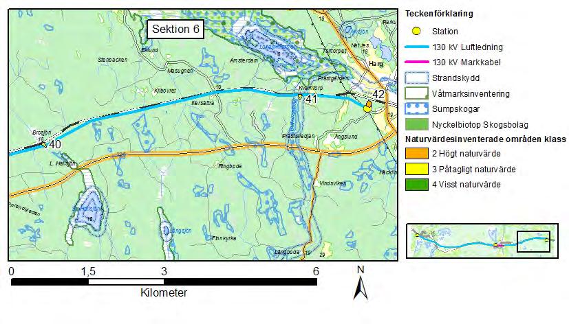 Figur 39. Naturmiljö i östra delen av sektion 6. Miljökonsekvenser Befintlig ledning korsar naturvärdesobjekt 36 vilket innebär en reell påverkan på naturvärdet.