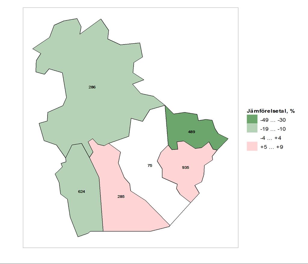 Karta 1. Vårdperioderna på grund av skador och förgiftningar i kommunerna i området jämfört med hela landet 2009 2013. Karta: Lantmäteriverkets översiktskarta 1:4 500 000, 2011.