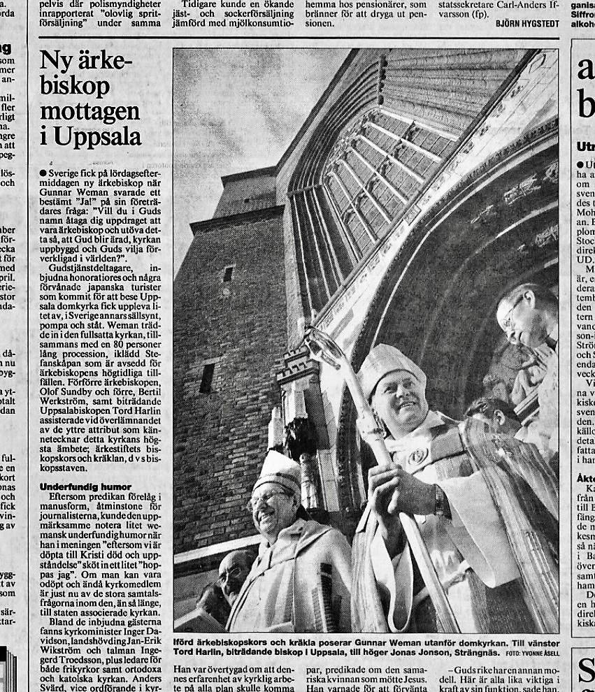 Bild 3. Svenska Dagbladet rapporterar från mottagningsgudstjänsten, SvD 4.4.1993.
