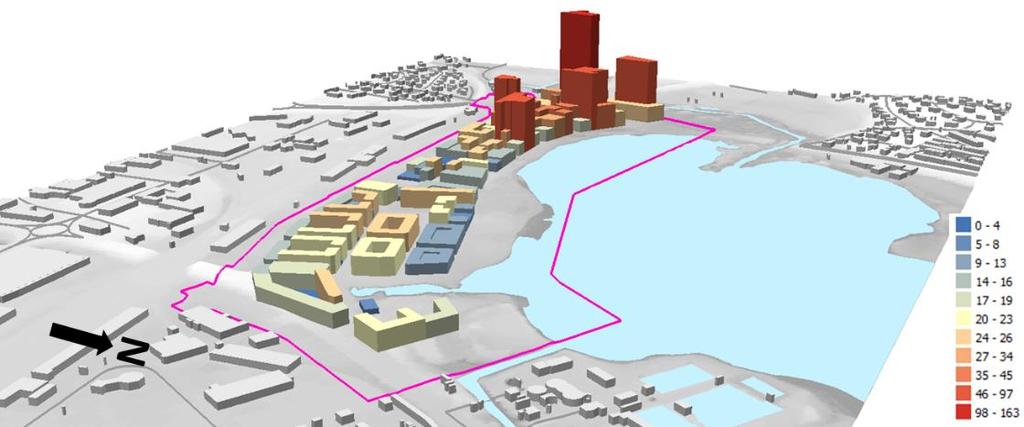Hushöjden visar koldioxidavtryck i kg CO2e/BTA (bruttototalarea, dvs. den summerade ytan av alla våningsplan i byggnaden). I exemplet i Figur 3.