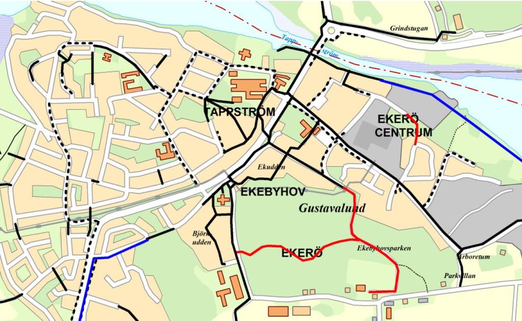 7 (35) båthamn och saknar vidare koppling. Ingen separering av gående från cyklister förekommer. Bild 2. Karta över cykelstråken i centrala Ekerö.