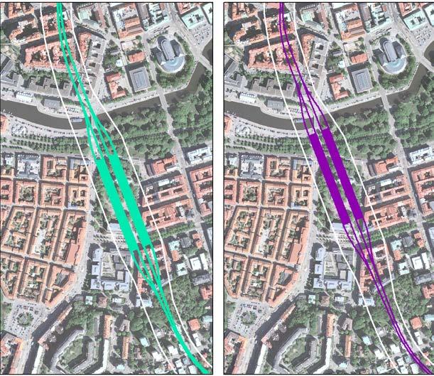 Läge i plan för station Haga För station Haga har två alternativa placeringar i plan studerats, ett i järnvägsutredningens läge och ett där stationen är förskjuten norrut (7 meter), se figur.5:5.