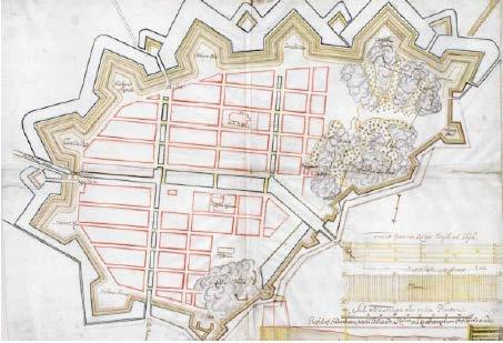 Figur 4.:4 Historisk karta från 675 SPF Göteborg nr 85. Kartan visar Göteborgs befästning och sjöfront mot Göta älv. Utanför murarna mot älven är pålspärr och sänkverk markerade med parallella linjer.