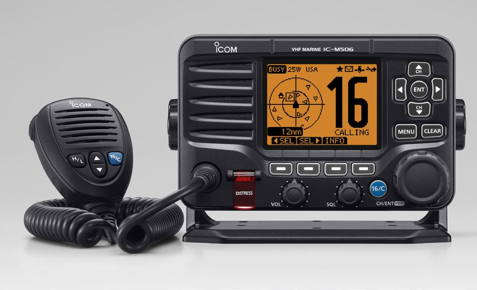 INBYGGD AIS-MOTTAGARE IC-M506 IC-M506 är den första av Icoms VHF-modeller som har inbyggd AIS-mottagare, vilket gör att du kan få upp information om sjötrafiken direkt på displayen i radion. Art.