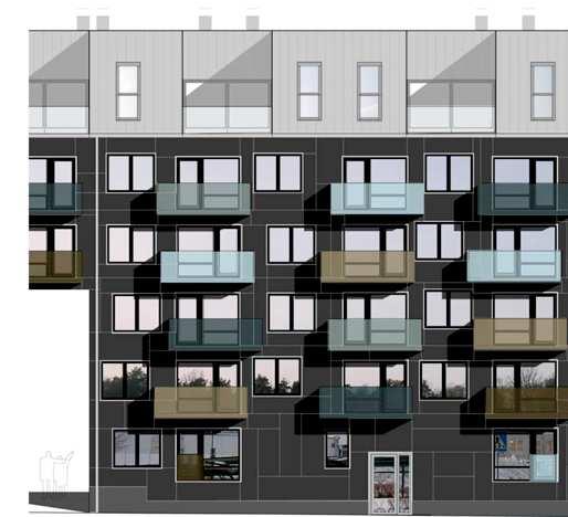 Trappor tar upp nivåskillnaden till gården och skapar en gradvis förskjutning från gaturummets offentliga karaktär till en mer privat zon. Perspektiv.