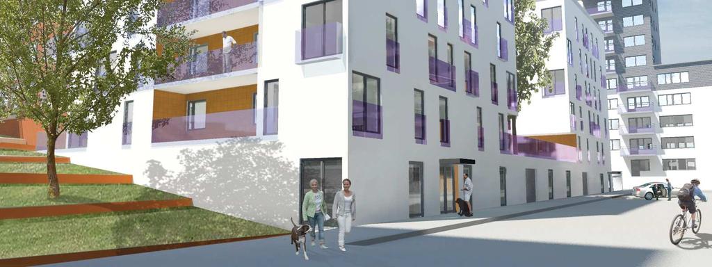 Parkeringsdäcket är inbyggt i slänten och indragen från gatan i öster vilket ger en aktiv fasad med bl a möjlighet till butiksläge i hörn. Plan 1 innehåller gården, en gemensam yta för de boende.