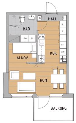 Lägenhet 1321 1 rok, 35 kvm, plan 2 Läge i fastigheten