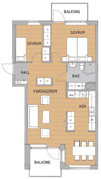 Lägenhet 1161 3 rok, 76,5 kvm, plan 6