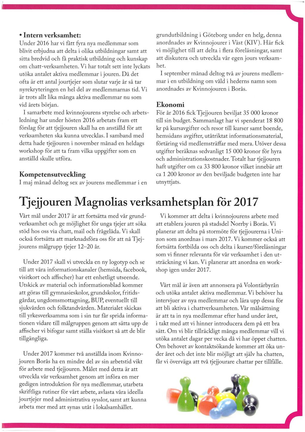 . Intern verksamhet: Under 2016 har vi fått fyra nya medlemmar som blivit erbjudna att delta i olika utbildningar samt att sitta bredvid och få praktisk utbildning och kunskap om chatt-verksamheten.