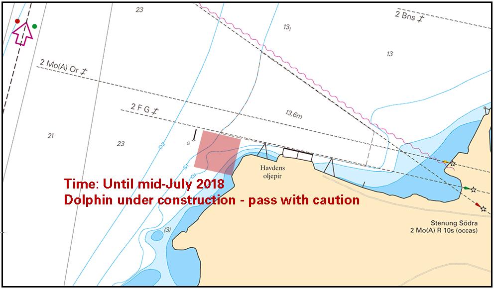 Se sjökortsbild. Dykningarbete kan förekomma. Kontaktperson: Johan Fransson, Skanska, 010-449 80 99 Sjöfarande ombedes passera iakttagande största möjliga hänsyn.
