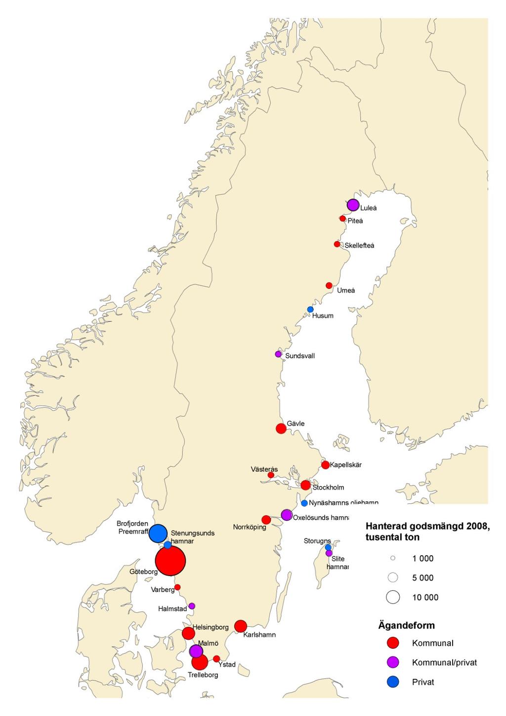 15 Figur 2.1: De 25 största hamnarna efter hanterad godsmängd (tusentals ton) år 2008 och ägare. Källa: SIKA Sjötrafik 2008.