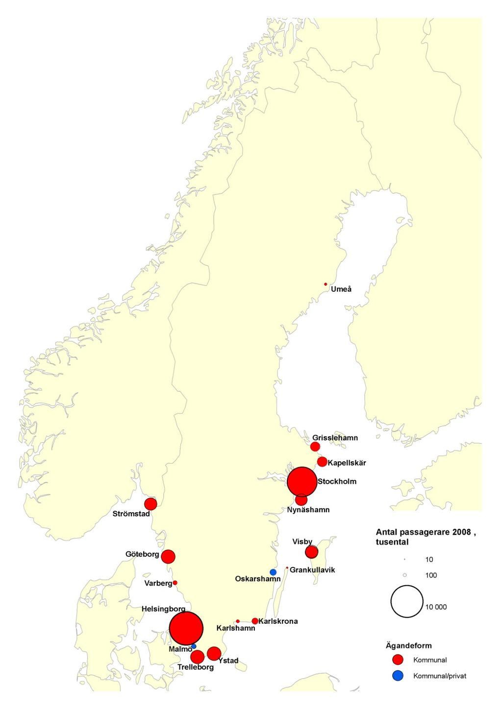 16 Stockholms hamn (9 miljoner) vilket visar på den stora koncentrationen av färjetrafiken i Sverige. De största hamnarna mätt i passagerarantal visas i Figur 2.