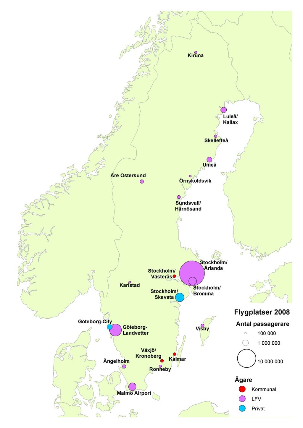 19 Figur 2.4 De 20 största flygplatserna efter antal passagerare 2008 10. Källa: SIKA Luftfart 2008.