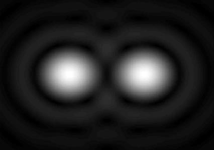 Diffraktion och upplösning 42) En optikerstudent håller ett litet hål med diametern 1,0 mm tätt intill ögat och tittar på två laserpunkter på en vägg 7 m bort.